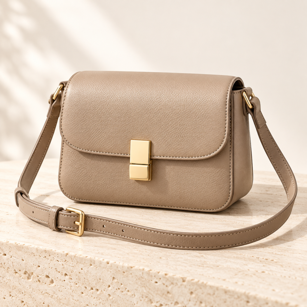 taupe leather crossbody with gold clasp 8